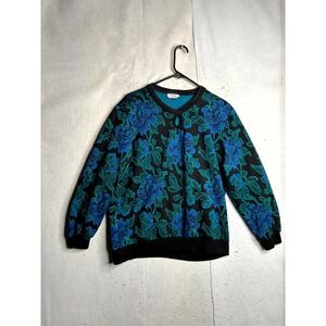 Vintage American Collection Sweater Women 40/28W Black Green Floral Keyhole Neck